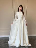 Spring New Lantern Sleeve Pearl Mesh White Wedding Dress Crew Neck Long Sleeve Dress S gray