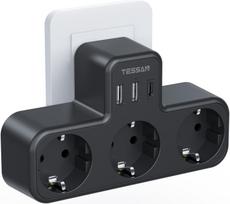 TESSAN ES standartinio kištuko prailginimo maitinimo juosta su 1/3 kintamosios srovės lizdų ir 2/3 USB prievadų 5 V 2,4 A europietiško kištuko sieninio lizdo maitinimo adapteris 3 Outlets 2 USB 1 Type C juoda