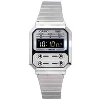 „Casio Vintage“ skaitmeninis nerūdijančio plieno kvarcinis laikrodis A100WE-7B A100WE-7B Unisex laikrodis sidabras