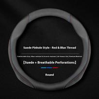 Suede Oda Visų Sezonų Automobilio Vairo Dangtelis Sportinio Stiliaus Universalus Itin Plonas Neslystantis Apvalus Kvėpuojantis Automobilio Vairo Protektorius Suede-Red and Blue Lines juoda