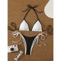 Sexy White Black Patchwork Micro Bikini Women Halter Push Up Bra Bandage Thong Swimsuit Bathing Suit Holiday Pool Swimwear XL balta