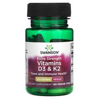 Swanson, vitaminas D3 ir K2, papildomos jėgos, 60 daržovių kapsulių