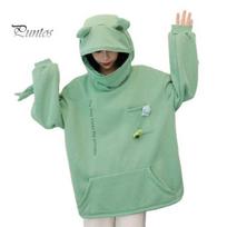 Winter Hoodie Women Men Cartoon Frog Shape Hooded Zipper Pullover Big Spring Patch Pocket Cold-proof Unisex Letter Embroidery Adult Clothes Fall S žalia