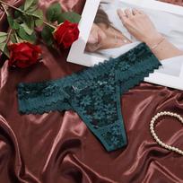 Women's Thongs Sexy Perspective Lace Flower Pattern Hollow Out Low-Waist Butterfly Knot Breathable Intimates Super Comfortable M žalia