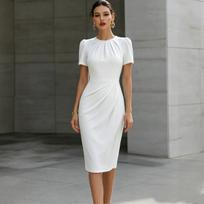 Moteriška midi suknelė su pūstomis rankovėmis ir suraukta juosmens dalimi, apvaliu kaklu, oficiali biuro bodycon suknelė, S-2XL XXL balta