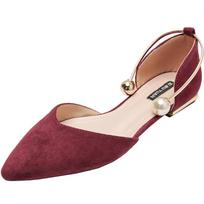 Fashion Pearl Ring solid pointed toe flock ballet flats woman loafers shallow slip on shoes women party metal low heels ballerina femme 6.5 white