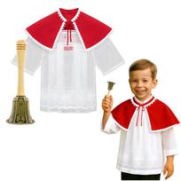 Zestaw na boże ciało komeżka z firanki roz.98 cm + pelerynka z białym ozdobnym obszyciem + dzwonek stare złoto jasna rączką red