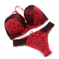 French-style Printed Sexy Lace Push-up Bra and Thong Set Fashionable Lingerie and Panties 85D raudona