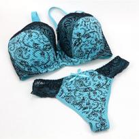 French-style Printed Sexy Lace Push-up Bra and Thong Set Fashionable Lingerie and Panties 80C mėlyna