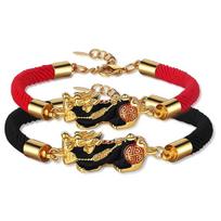 Deelfel Pixiu Bracelet for Men and Red Black String Chain Braided 18K Gold Pixiu Bracelet Couple Style Pair Good Luck in Money and Unisex Fashion beige