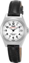 Analog Solar Waterproof Date Leather Strap White Dial Black Q&Q H061-304 Women's gray