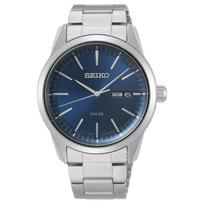 Seiko 100 metrų atsparus vandeniui saulės energija maitinamas kvarcinis plieninis dirželis 40 mm vyriškas laikrodis mėlynas ciferblatas SNE525 mėlyna
