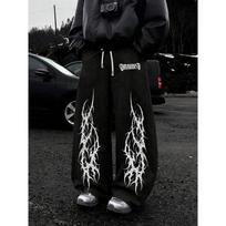 Vyriškos Streetwear juodos plačios kelnės su raišteliu, baltos genčių liepsnos meniniai printai, laisvas kirpimas, kasdieniam dėvėjimui S black