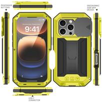 Karinis tvirtas metalinis dėklas iPhone 13 14 15 16 17 Pro Max, su slankiojančiu kameros dangteliu, integruotu ekrano apsauginiu stiklu, pilno korpuso hibridinis dangtelis For iPhone 14 geltona