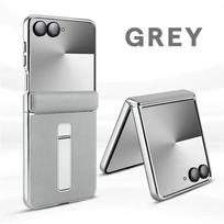 Skirta Samsung Galaxy Z Flip 7 - Aukščiausios kokybės odinis metalinis dėklas su stovu ir automatinio grįžimo spyruoklinės vyrių apsaugos dangteliu Galaxy Z Flip7 pilka