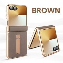 Skirta Samsung Galaxy Z Flip 7 - Aukščiausios kokybės odinis metalinis dėklas su stovu ir automatinio grįžimo spyruoklinės vyrių apsaugos dangteliu Galaxy Z Flip6 ruda
