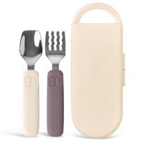 Mother K silicone spoon + fork + case set, ivory (spoon), purple (fork), 1 set beige