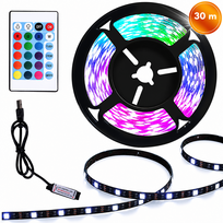 LED juosta RGB 30 m su USB maitinimu ir nuotolinio valdymo pulteliu, LED apšvietimo juostelė, RGB šviesos juosta