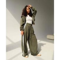 Womens Streetwear Hooded Top Wide Leg Pants Set Loose Fit Colorblock Stripe Casual Two Piece Outfit XL armijos žalia spalva