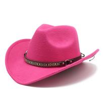 Western Cowboy Hat For Men Women With Wool Felt Large Brim Sun Protection Color G pink