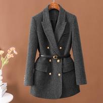 Women's Herringbone Double Breasted Blazer Coat Notch Lapel Belted Waist Flap Pockets Solid Color Casual Outerwear M gray