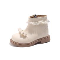 British Style Girls Fleece Lined Bow Pearl Lace Martin Ankle Boots 36 beige