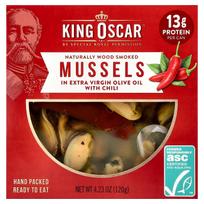 King Oscar, Natural Wood-Smoked Mussels, Extra Virgin Olive Oil, Contains Chili, 120g (4.23oz) white