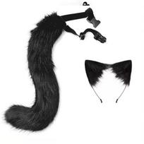 Cat Ear Headband With Tail Collar Set Cosplay Costume Accessory Anime Girl Party Outfit Black 2-piece Set black