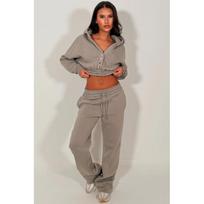 Womens Casual 2-Piece Set: Cropped Hooded Sweatshirt Wide-Leg Pants Solid Color Long Sleeve Drawstring Button Front XL pilka
