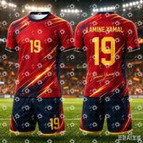 Men Lamine Yamal 19 Football Jersey Set Red Gold Brush Print Round Neck Short Sleeve Soccer Shirt + Drawstring Shorts 2-Piece 160 red