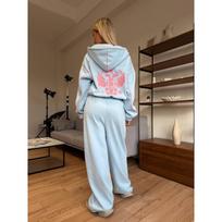 Womens Oversized Hooded Sweatshirt Wide Leg Pants Set Embroidered Streetwear Cotton Blend Casual Outfit Large šviesiai mėlyna spalva