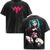 Rebecca - Cyberpunk Graphic Tee Vintage Washed Shirt Unisex Streetwear Anime Mer 140 black