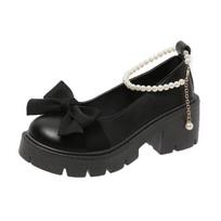 Leather Female Thick Shoes French Heel Pearl Bow Mary Jane Single Shoes 37 black