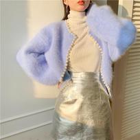 Womens Pearl Knit Cardigan With Lantern Sleeves 3D Embroidered Chenille Sweater Coat Elegant Preppy Style Fall Winter Outerwear M Recommended 95-105cm gray