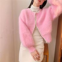 Womens Pearl Knit Cardigan With Lantern Sleeves 3D Embroidered Chenille Sweater Coat Elegant Preppy Style Fall Winter Outerwear XL Recommended 115-125cm pink