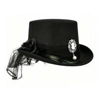 Flocked Top Hat Retro Imitation Pearl Brooch Hat Retro Costume Hat Structured For Stage Performance Theme Parties Cosplay black