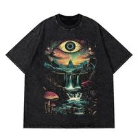 Retro Trippy Mushroom Eye Tshirt Men Women Washed Black Tee Casual Streetwear Psychedelic Graphic Tops M black
