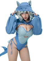 [Mobbunny] Moteriškas grožio kostiumas Cosplay rykliuko stiliaus maudymosi kostiumas triko apatiniai drabužiai su gobtuvu kostiumas Mėlynas (S) mėlyna