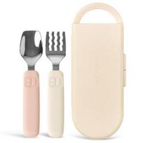 Mother K silicone spoon + fork + case set, pink (spoon), ivory (fork), 1 set gray