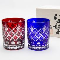 Tajima Glass Tajima Glass Edo Kiriko Layered Arrow Pattern/Chrysanthemum Bottom Old Glass Pair TG04-24-2 blue