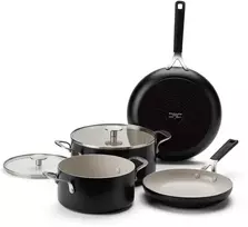 KitchenAid - Spalvoto aliuminio 6 dalių rinkinys: keptuvė 24/28 cm + puodas su dangčiu 20/24 cm - matinės juodos spalvos