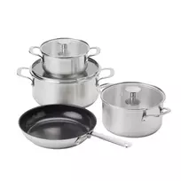 KitchenAid - Nerūdijančio plieno indų rinkinys: puodas su dangčiu (16 cm, 20 cm, 24 cm) + keptuvė (24 cm) - sidabro spalvos