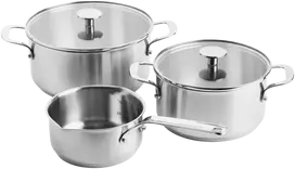 KitchenAid - Nerūdijančio plieno lakštų rinkinys: 20 cm troškintuvas su dangčiu, 24 cm troškintuvas su dangčiu, 16 cm puodas (be dangčio) - sidabro spalvos