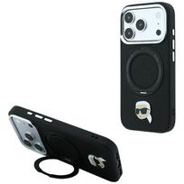 Dėklas Karl Lagerfeld su 360° žiediniu stovu Karl Head Pin MagSafe, skirtas iPhone 18 Pro Max / 17 Pro Max, juodas
