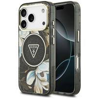 Dėklas Guess IML Glitter Flowers Triangle MagSafe, skirtas iPhone 18 Pro Max / 17 Pro Max, juodas