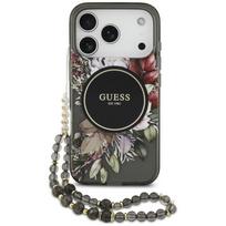 Dėklas Guess IML Flowers Pearl Strap MagSafe, skirtas iPhone 18 Pro / 17 Pro, juodas