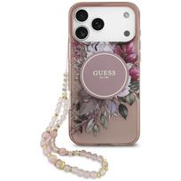 Dėklas Guess IML Flowers Pearl Strap MagSafe, skirtas iPhone 18 Pro / 17 Pro, rožinis