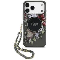Dėklas Guess IML Flowers Pearl Strap MagSafe, skirtas iPhone 18 Pro Max / 17 Pro Max, juodas