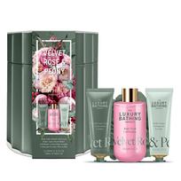 Grace Cole Rose & Peony Bath Care Set ( Růže & Pivoňka ) - Dárková sada tělové péče v plechové dóze ( 4 ks ) Vonios ir dušo priemonė