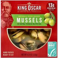 King Oscar, Natūraliai medienoje rūkytos midijos ypač tyrame alyvuogių aliejuje, 120 g